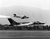 This features Vulcan Mk 2 XM649, again of 101 Sqn (when I was
OC) displaying at the Abbotsford International Airshow, Canada in August
1971.  The accompanying aircraft was a Tutor of the Canadian National
Formation Team, the Snowbirds. [Eric Macey]