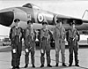 The 230 OCU Vulcan crew who spearheaded the Queen's Birthday Fly Past 1971.  The captain was Ricky Crowder, the co-pilot was John Lebrun, the AEO was Adrian(Taff)Traylor, but I have forgotten the name of the 2 navs (the nav rad was Al somebody). [Adrian Traylor]
